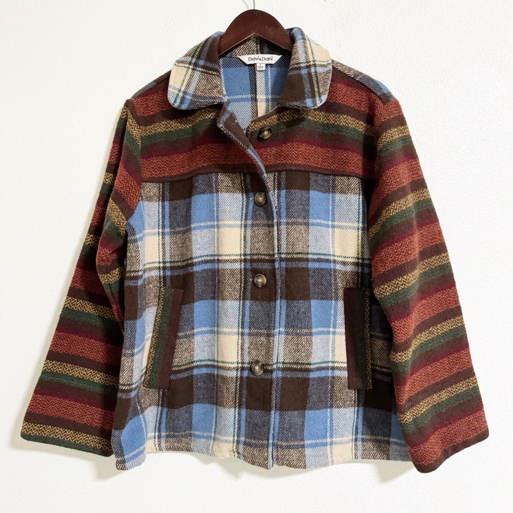 Davi & Dani Mixed Plaid Striped Oversized Shacket